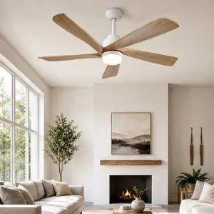 ARCH 52 Inch Ceiling Fan with Dimmable LED Light, 5 Solid Wood Blades, Reversible DC Motor, Remote Control, 6 Speeds, White Metal & Wood, for Living Room Bedroom Patio, Multiple Color Options, Metal & Wood/Nickel/White Color Options