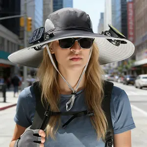 Outdoor Wide Brim Sun Hat with 2 Solar Fan Sun Bucket Hat for Men Women UPF 50+ Bucket Fishing & Beach Hat with Fan Built in（dark gray）