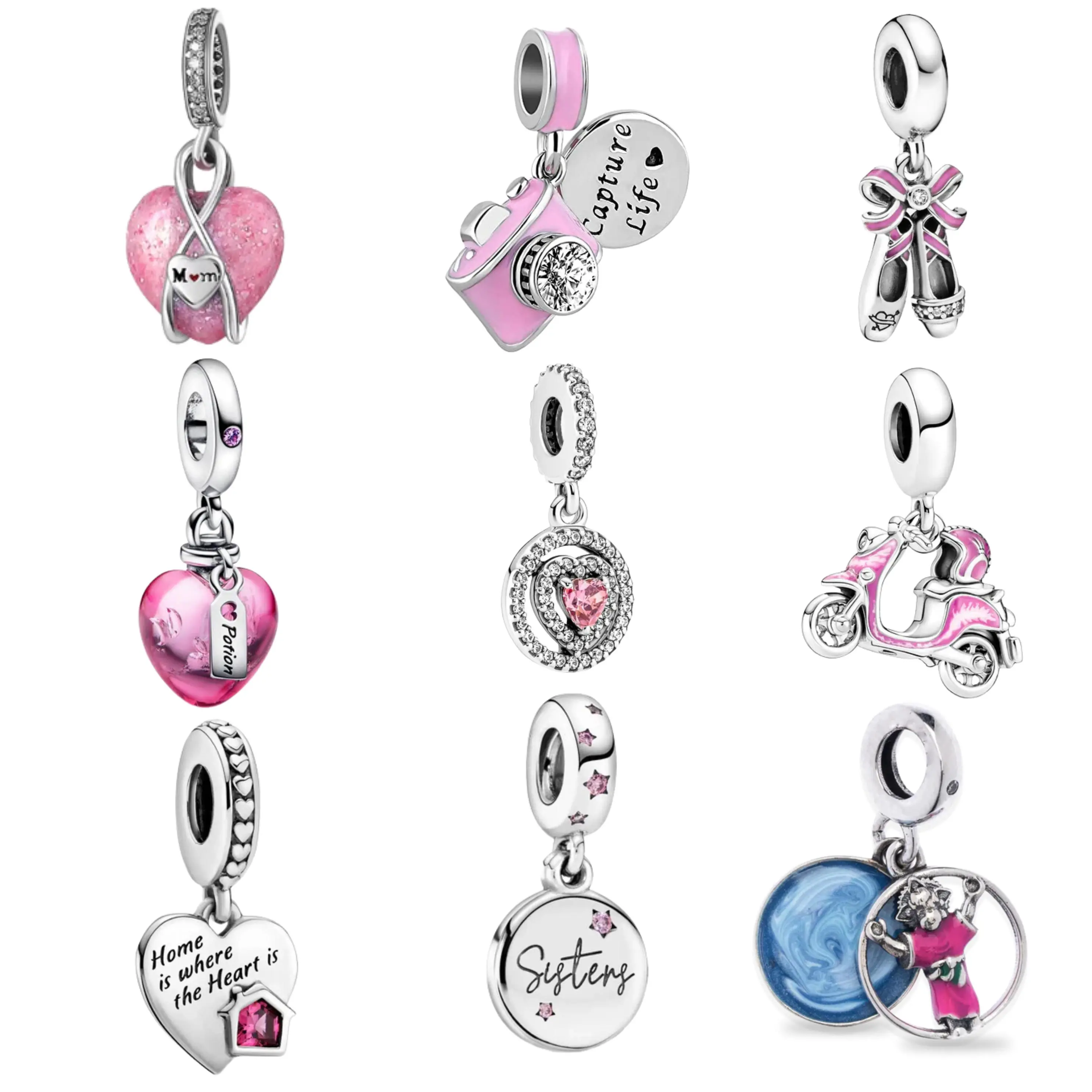 Pink Charm Beads for Bracelet | Heart, Camera, Scooter & Cute Charms | Gift Jewelry for Women Love Designs