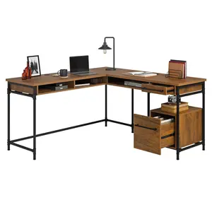 Iron City L-Shaped Desk Modern Industrial Design with 1-inch Thick Desktop 2 Drawers & Open Shelves for Small Spaces Easy Assembly