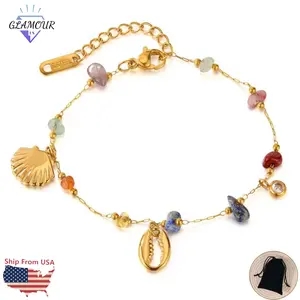 Colorful Gemstone Bracelet for Women Rainbow Seashell CZ Dangle Charm Link Adjustable Bracelet Dainty Jewelry Gift For Girls Beach Summer