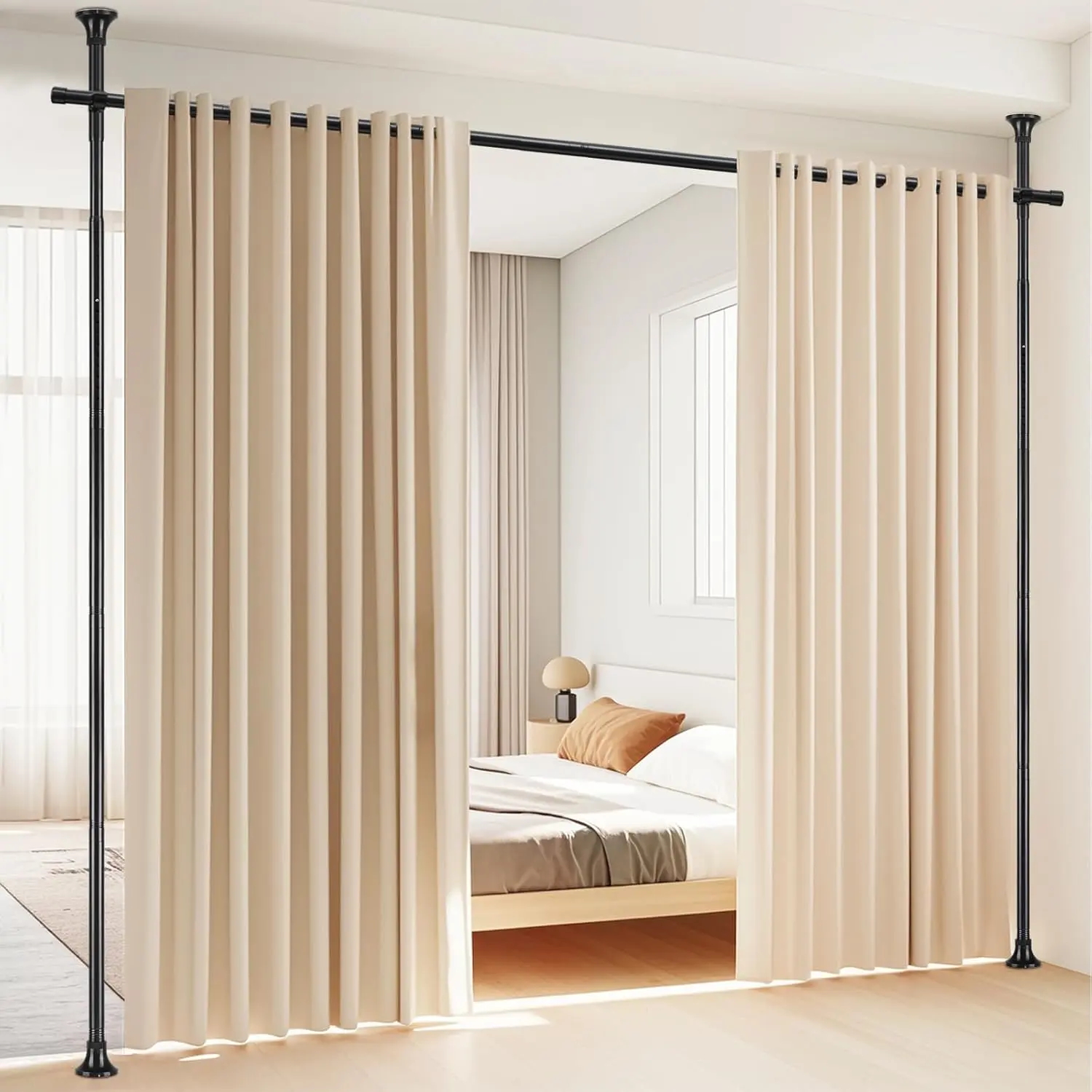 Adjustable Room Divider Curtain Rod, Heavy-Duty Floor-to-Ceiling Tension System, No-Drill Installation for Temporary Privacy, 4-10 ft H x 28-70 in W, Black, Adjustable Curtain Rods, Heavy-Duty Tension Rod