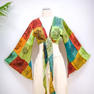 Karma Nepal Crafts Block Print Patchwork Cotton Wrap Tie Top with Bell Sleeves Karma Nepal Crafts Block Print Patchwork Cotton Wrap Tie Top with Bell Sleeves