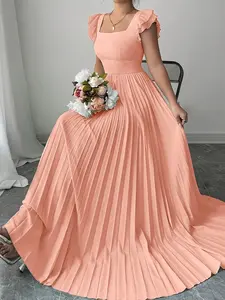 Women's Casual Solid Color Pleated Elegant Dress, Comfortable and Stylish Design, Perfect for Daily Wear and Special Occasions