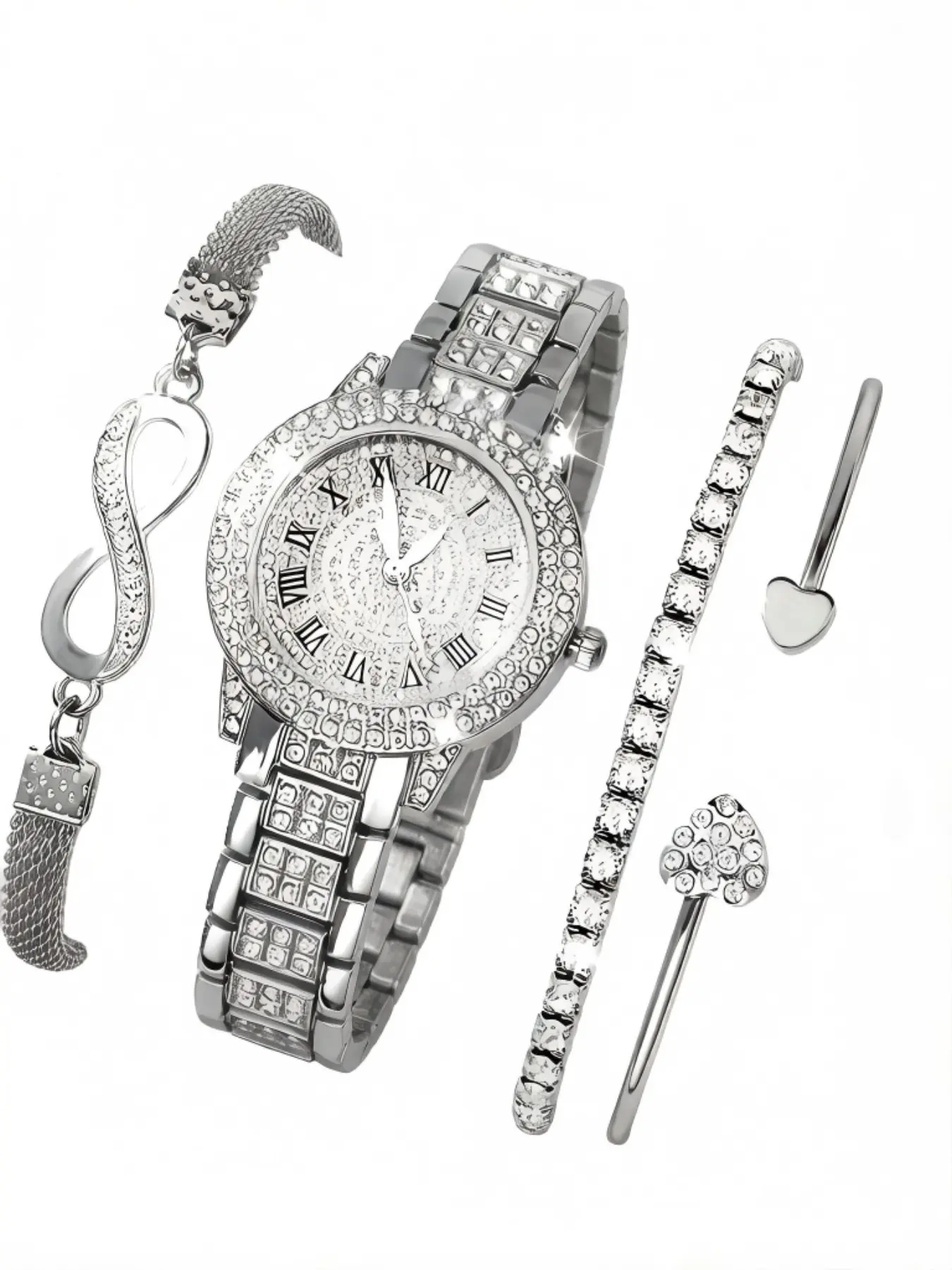 Women's Elegant Watch & Jewelry Set, Fashionable Round Dial Analog Quartz Wristwatch & Bracelet, Exquisite Watches Set with Jewelry As Gift, 4 Piece Gift Set For Valentine's, Easter, Ramadan