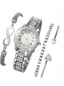 Women's Elegant Watch & Jewelry Set, Fashionable Round Dial Analog Quartz Wristwatch & Bracelet, Exquisite Watches Set with Jewelry As Gift, 4 Piece Gift Set For Valentine's, Easter, Ramadan