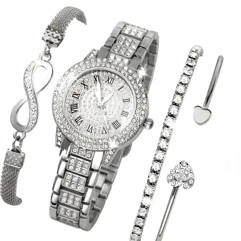 Women's Elegant Watch & Jewelry Set, Fashionable Round Dial Analog Quartz Wristwatch & Bracelet, Exquisite Jewelry Gift, 4-Piece Set, Ideal for Parties & Daily Wear