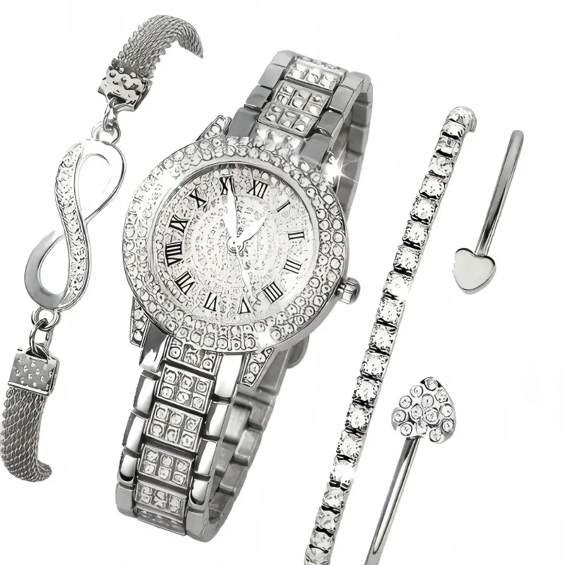 Women's Elegant Watch & Jewelry Set, Fashionable Round Dial Analog Quartz Wristwatch & Bracelet, Exquisite Jewelry Gift, 4-Piece Set, Ideal for Parties & Daily Wear