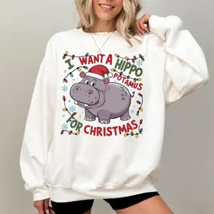 Cute a Hippopotamus for Christmas Sweatshirt, Hippopotamus Christmas Lights Shirts, I Want a Hippo Potamus for Christmas Hoodie, Graphic Design Unisex Cotton T-Shirt for Men for Women Menswear Womenswear