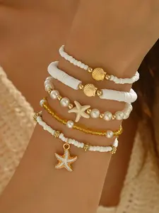 Fashionable Shell Starfish Bracelet Set, Multi-Layer Beaded Simulated Pearl Strand, Perfect for Vacation Ocean Style, 5 Piece Jewelry Collection, Stackable Bracelets