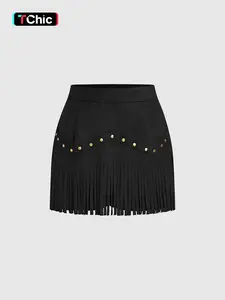 1 Faux Suede Fringe Skort Women | High Waist Studded Bodycon Skort | Western Cowgirl Music Festival Outfit  | Y2K Retro Party Going Out