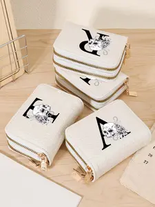 Letter printed women's short wallet with double zipper surround handbag, fashionable zipper surround coin wallet, high-quality credit card storage bag, simple casual multi card clip, very suitable for outdoor travel and returning to school, Stylish Wallet