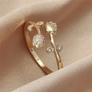 Fashion Luxury Gold Color Tulip Flower Open Ring, Women's Vintage Trend Elegant Temperament Party Jewelry Accessories