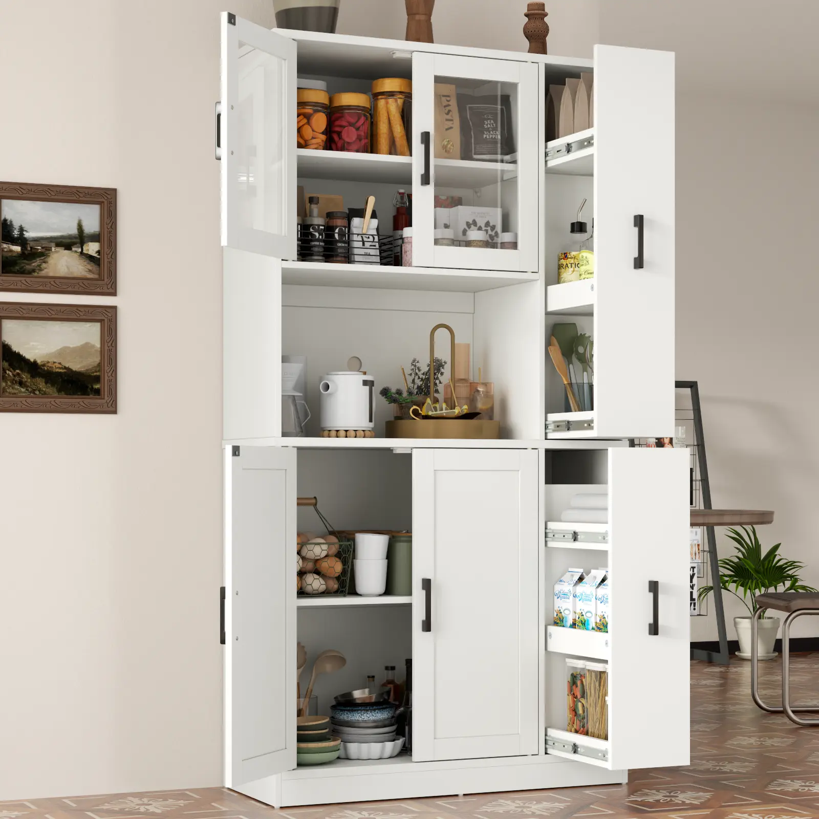 Gyfimoie Tall Kitchen Pantry Cabinet with Side Drawer, Kitchen Pantry Storage Cabinet with Glass Door,Freestanding Food Hutch with Microwave Stand