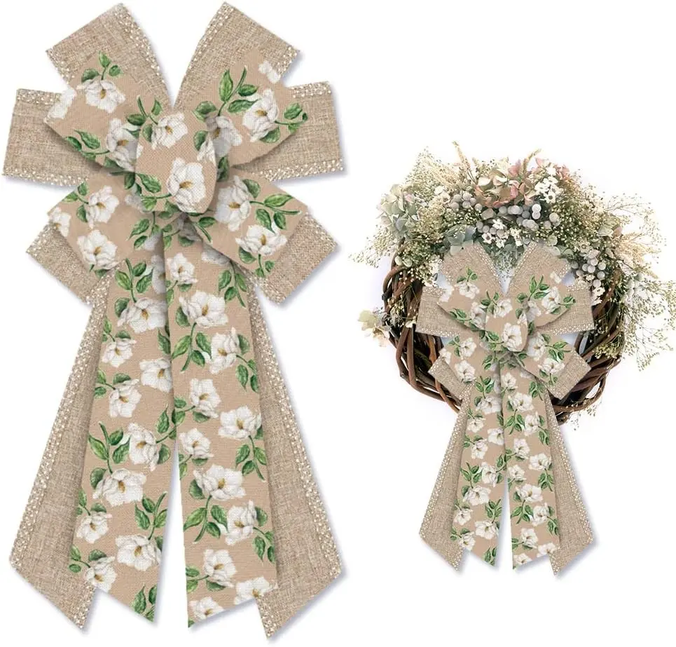 Hying Large Spring Bows for Wreath, Burlap White Magnolia Flower Bow for Front Door, Village Camellia Flower Wreath Bows for Party Decor Indoor Outdoor Wall Spring Summer Decoration Supplies Ornament