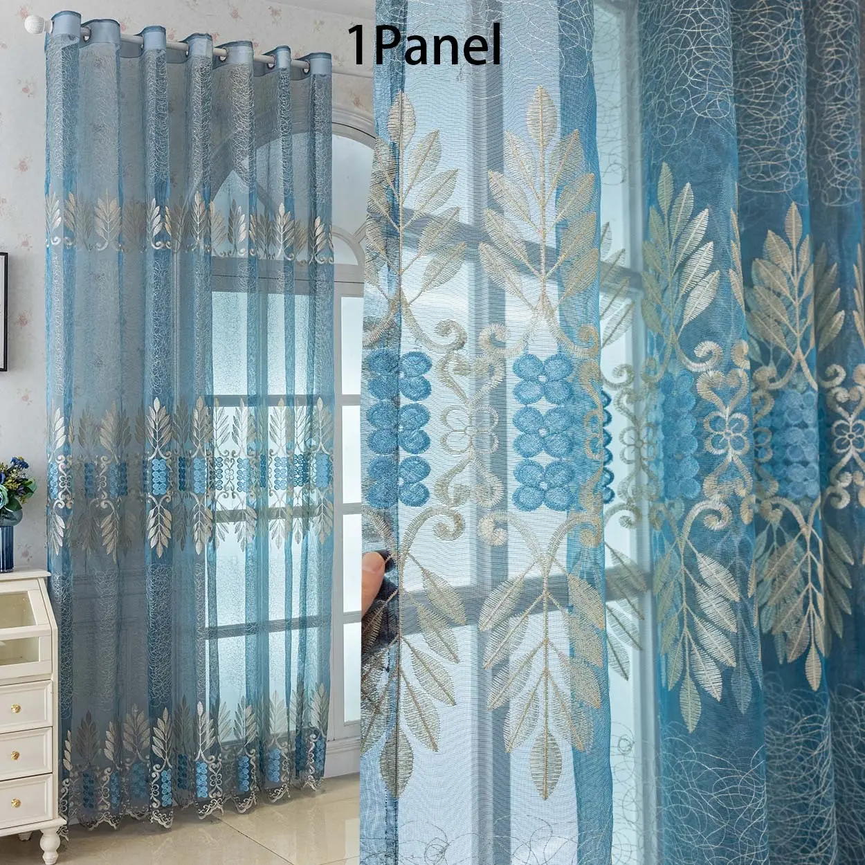 1panel Clear Blue Embroidered Curtain, Top Ring Hanging, Easy Installation, Suitable for Living Room, Bedroom, Floor-To-Ceiling Windows, Home Textile