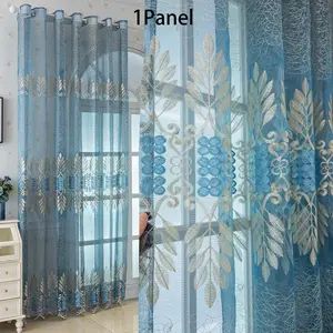 1panel Clear Blue Embroidered Curtain, Top Ring Hanging, Easy Installation, Suitable for Living Room, Bedroom, Floor-To-Ceiling Windows