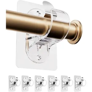 6 Pack No Hole Curtain Rod Brackets Hangers, Self Adhesive Curtain Rod Holders, No Drilling, No Nail Heavy Duty Stick on Rod Hooks For Bedroom,Bathroom,Livingroom (Transparent)