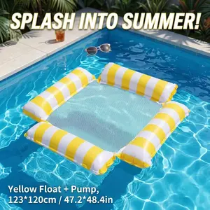 Inflatable Pool Float Water Hammock with 4 Tubes and Mesh Center, Portable Foldable Pool Lounge Chair for Adults, Yellow Striped Floating Raft with Air Pump, 47.2x48.4in Outdoor Water Recreation Bed