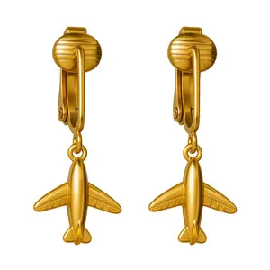 Gold Airplane Clip On Dangling Earrings