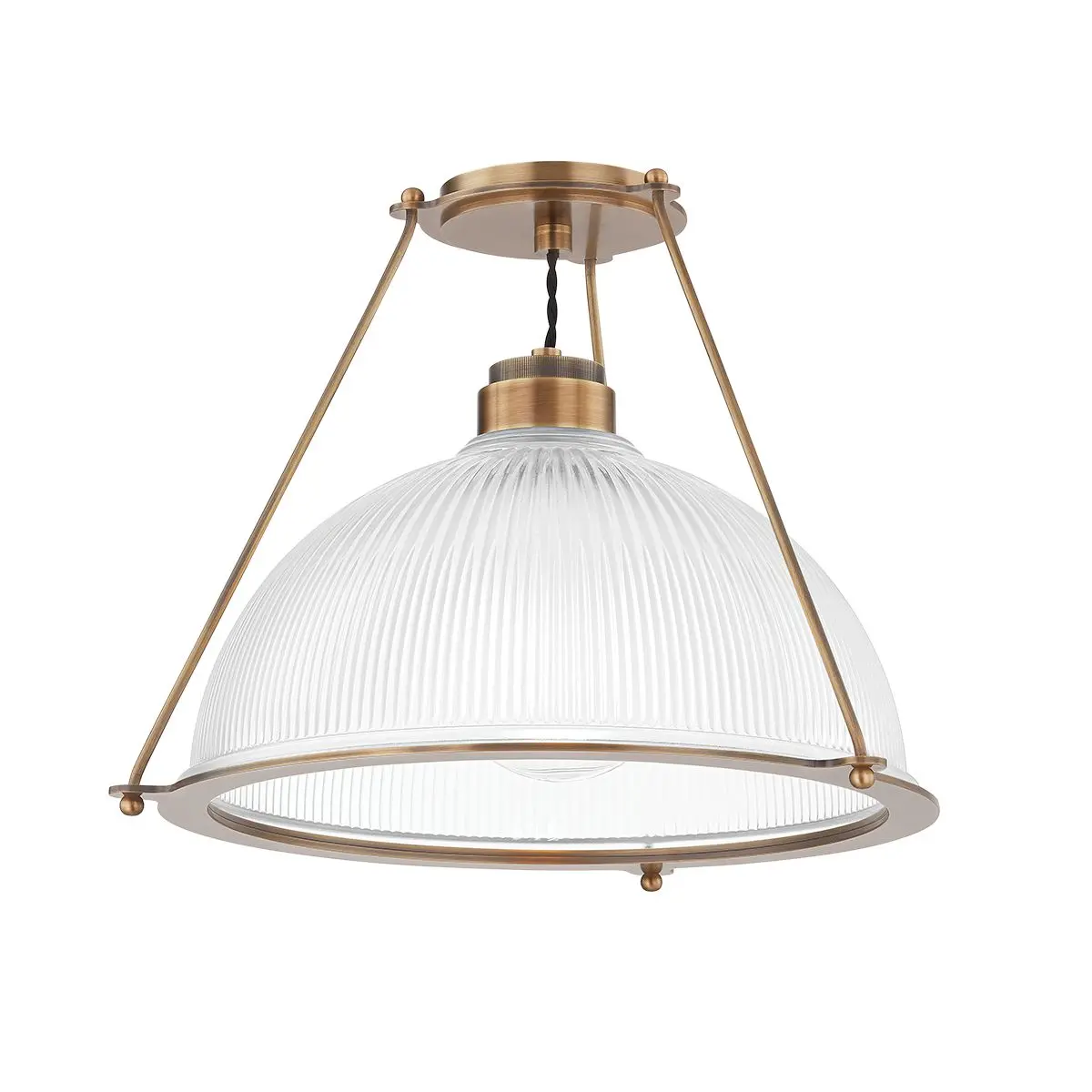 Glint 1-Light Semi-Flush Ceiling Light With Ribbed Holophane Glass And Patina Brass Design
