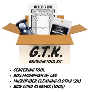 Trading Card Grading Kit – Centering Tool, LED Magnifier, Soft Sleeves, Semi-Rigid Holders – PSA Ready