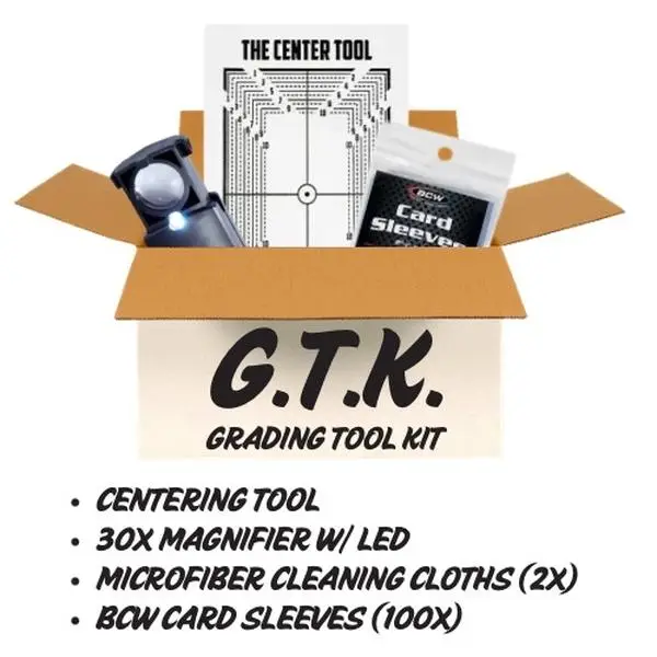 Trading Card Grading Kit – Centering Tool, LED Magnifier, Soft Sleeves, Semi-Rigid Holders – PSA Ready