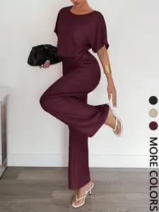 Women's Round Neck Top + Wide Leg Straight Pants Set, Womenswear Loose Casual Fashion, Comfortable and Stylish, Perfect for Daily Wear