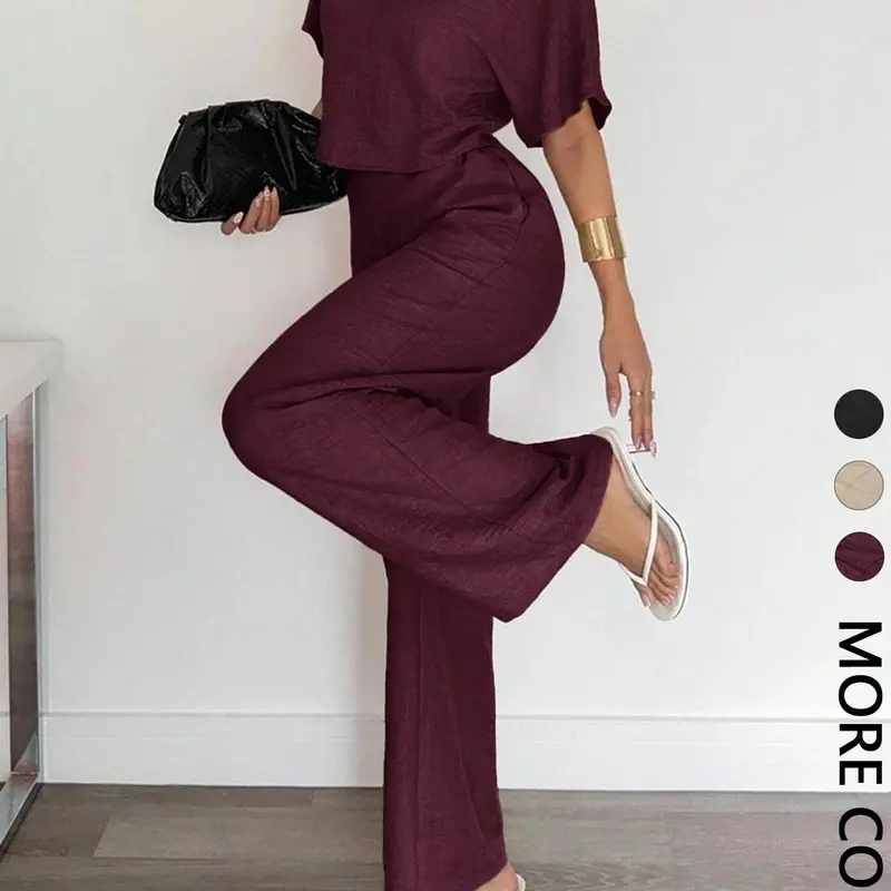 Women's Round Neck Top + Wide Leg Straight Pants Set, Womenswear Loose Fit Casual Minimalist Fashion, Comfortable and Stylish, Perfect for Daily Wear, Clothes, Clothing Set