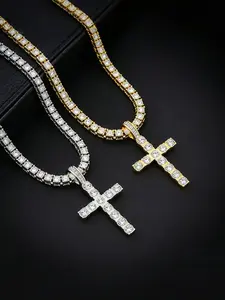 Unisex Rhinestone Cross Tennis Chain Pendant Necklace, Punk Style Jewelry, Party Accessory, Daily Wear, Birthday Gift, Versatile Fashion