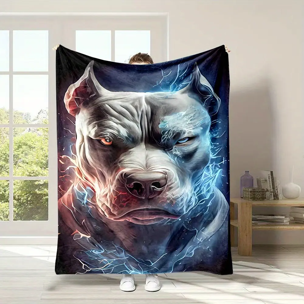 Pitbull Print Flannel Blanket - Digital Polyester Fiber Non-woven Fabric, 200-250 grams, Double-sided All-season Comfort Cover, Modern Style, Cartoon Theme, Fire and Ice Design, Soft, High Quality, Non-shedding, Smooth Texture, Suitable for Gifting
