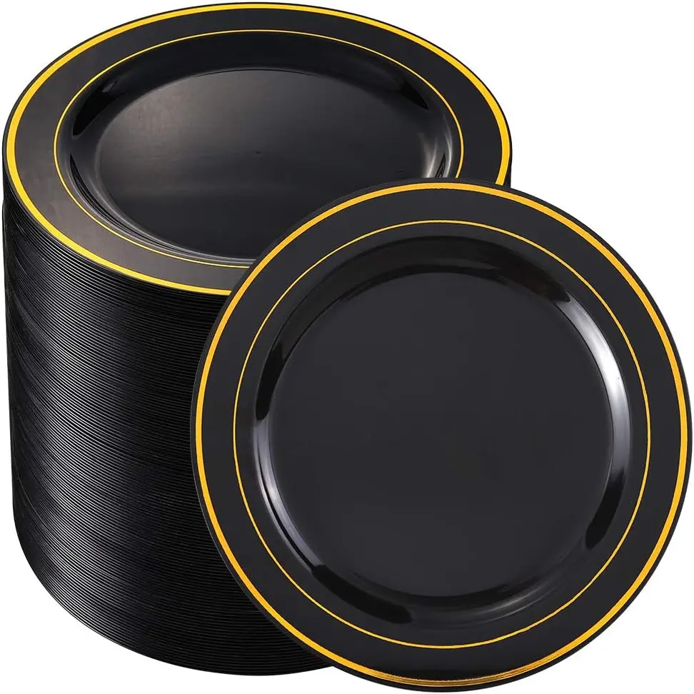 7.5 in Rimmed Edge Round Disposable Black Plastic Dessert Plates - 100 Count Synthetic Safe Material Salad/Appetizer Plates - Ideal for Party, Graduation, Round Plate
