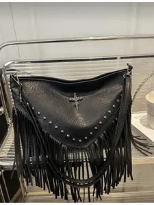 Vintage Leather Crossbody Bag Bohemian Style Shoulder Bag Tassel Rivet Cross Decoration Square Wallet Casual Travel Daily Use Portable Business Work Backpack Hobo Style Tassel Wallet Small Handbag Fringe Bag