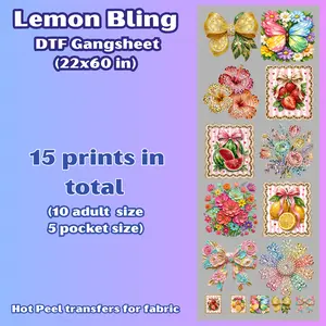 G44 Lemon Bling Gangsheet transfers for shirts (15 Transfers)