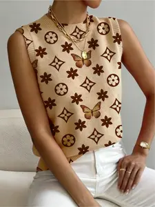 Women's Geometric Floral Butterfly Print Stand Collar Sweater, Casual Sleeveless Knit Top for Fall Winter, Comfortable All-Season Wear