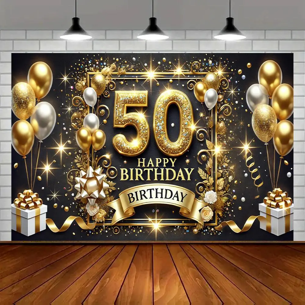 1pc 2D Flat 50th Birthday Wishing Banner - Polyester Multi-Purpose Decor, Golden & Black Theme, 50th Bday Flair, Quick Party Setup, Indoor/Outdoor Event Home Festive Backdrop (cm Measurement)