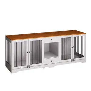 Extra Large 82.6" Double Dog Crate Furniture - Stop Ruining Your Living Room Decor! Heavy Duty Wooden Dual Pet Kennel TV Stand with Drawers for 2 Large Dogs, 4 Lockable Doors Luxury Indoor Dog House, Fast US Shipping