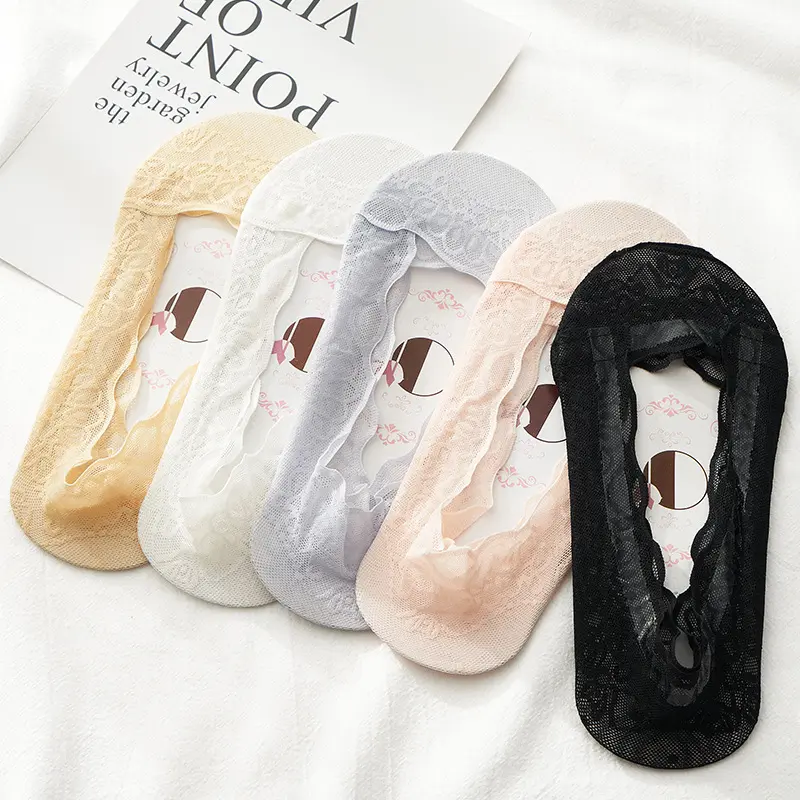 Women's Liner Socks Set, 5-Pack Sheer Invisible Grip Socks with Lace Trim, Floral & Polka Dot, Absorbent Cotton Sole, Anti Sweat No Show & Liner Socks