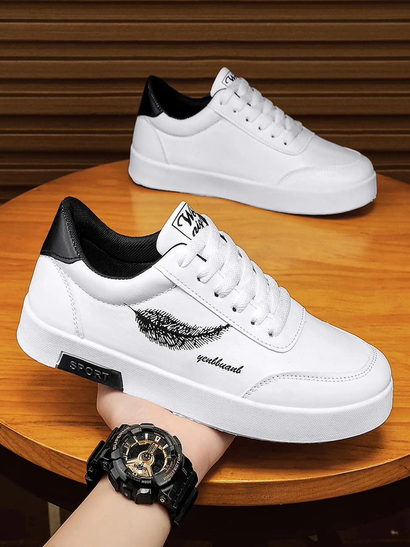 Men's Fashion Colorblock Letters & Feather Pattern Lace Up Low Top Trending Sneakers, Casual Breathable Comfort Athletic Shoes, Trendy All-match White