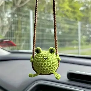 Charming Crochet Frog Car Mirror Hanging Ornament – Green Smiling Frog with Braided Rope Swing Design, Handmade Fabric Auto & Bag Decoration, Playful Frog Decor, Frog Gifts, Car Trinkets