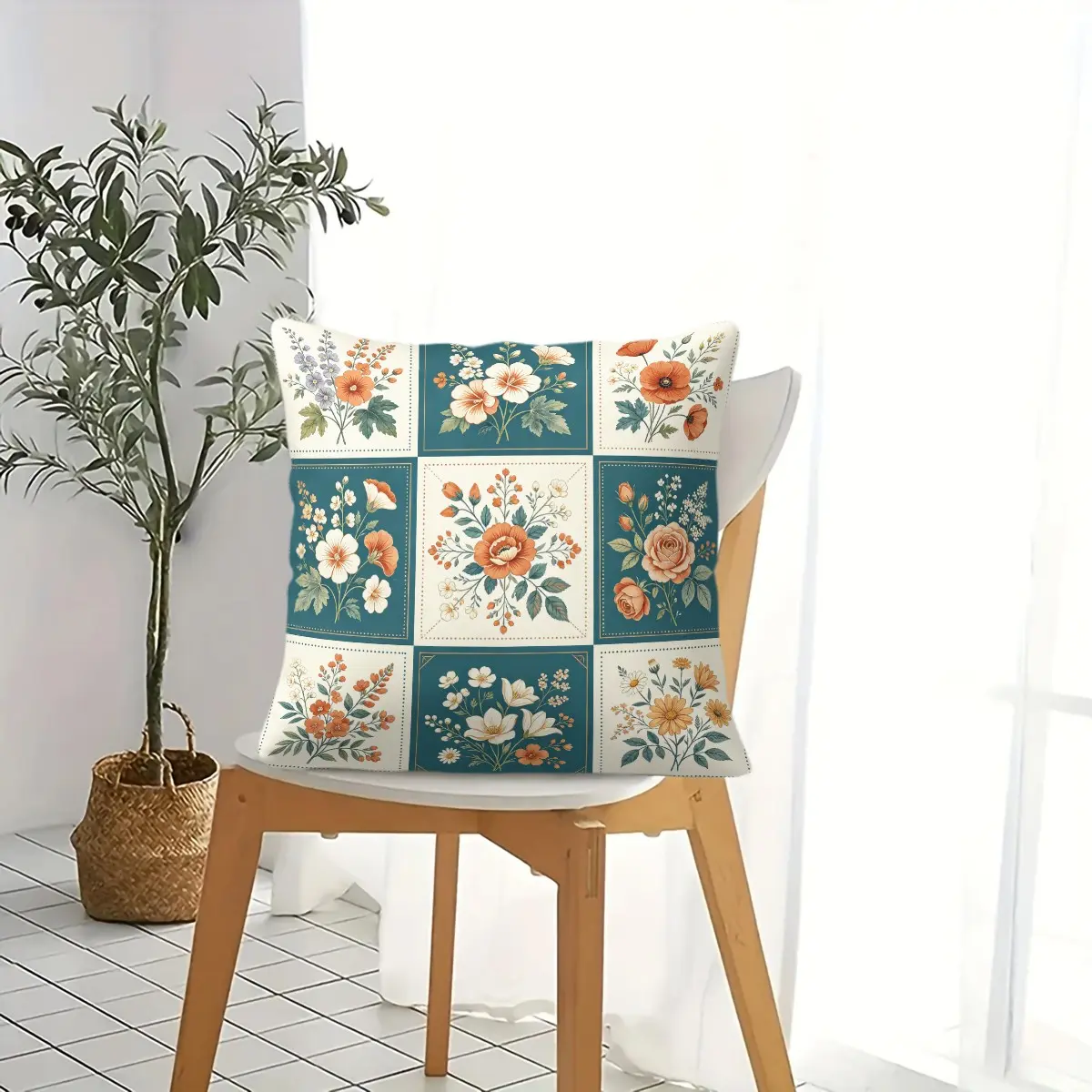 45x45cm 1Pcs Vintage Farmhouse Floral Grid Throw Pillow, Soft Microfiber Fabric, No Fading, Machine Washable, Aesthetic Home Sofa Bedroom Decor