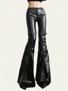 Women's PU Leather Lace Patchwork Bell Bottom Pants, Vintage Street Style for Fall & Winter, Casual Daily Wear Womenswear