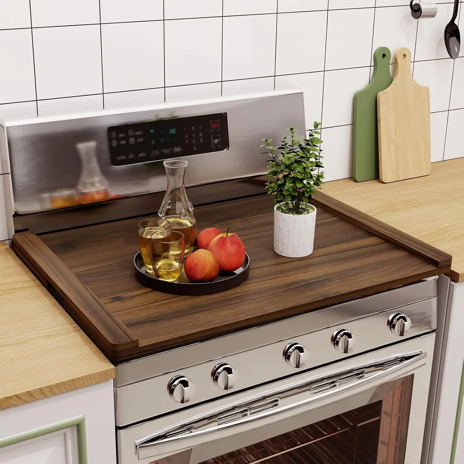 Noodle Board Stove Cover  (Ready to Use), Stove Top Covers for Electric Stove, Gas Stove, Wooden Decorative Rustic Kitchen Serving Tray, for Range Stovetop, Cooktop, 30'' * 22'', Brown