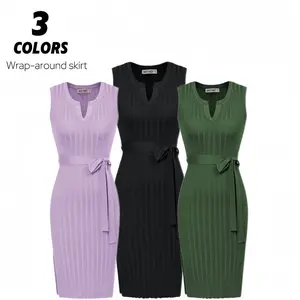 GRACE KARIN Women's Sleeveless Knitted Dress with Round Neck and Belt