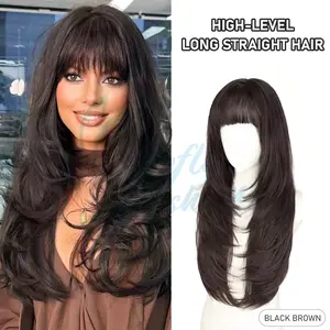 Women 26-Inch Long Body Wave Hard Silk Top Wig  Built-In Bangs Natural Scalp Texture Chic Heat-Resistant Lightweight Tangle-Free Adjustable Cap Easy-Maintain for Everyday Use & Formal Events