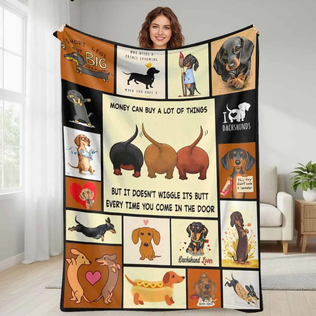Anti-Pill Dachshund Cartoon Flannel Blanket - Multi-Size, Cute Sausage Dog Art, Funny Quotes, Colorful Pattern, Wrinkle Resistant, Breathable, Soft Cozy Lightweight Warm, Durable Throw for Sofa, Home/Car, Business Trips, Pet Lovers Gift Decor, Cartoon Dog