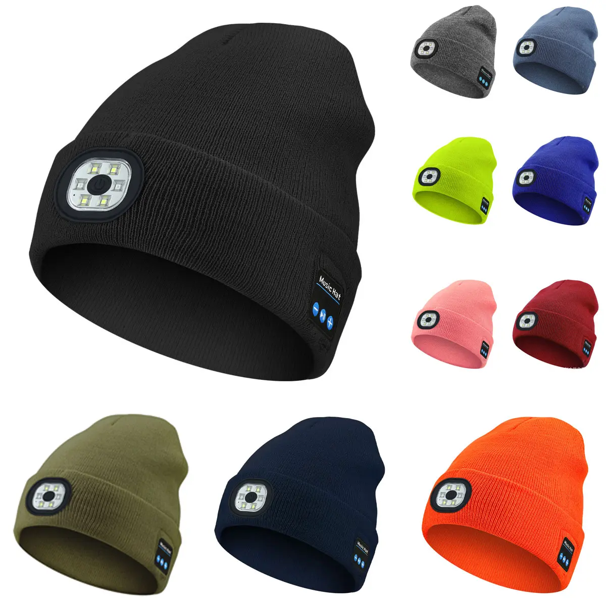 Unisex LED Light Beanie Hat, USB Rechargeable 6‑LED Headlamp Knitted Hat, Warm Acrylic Blend Outdoor Headwear for Men & Women