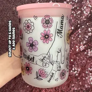 Mama Hands(Select up to 6 Hands & Add Names) 17oz Frosted Glass Mug With Pink Lid and Reusable Straw.