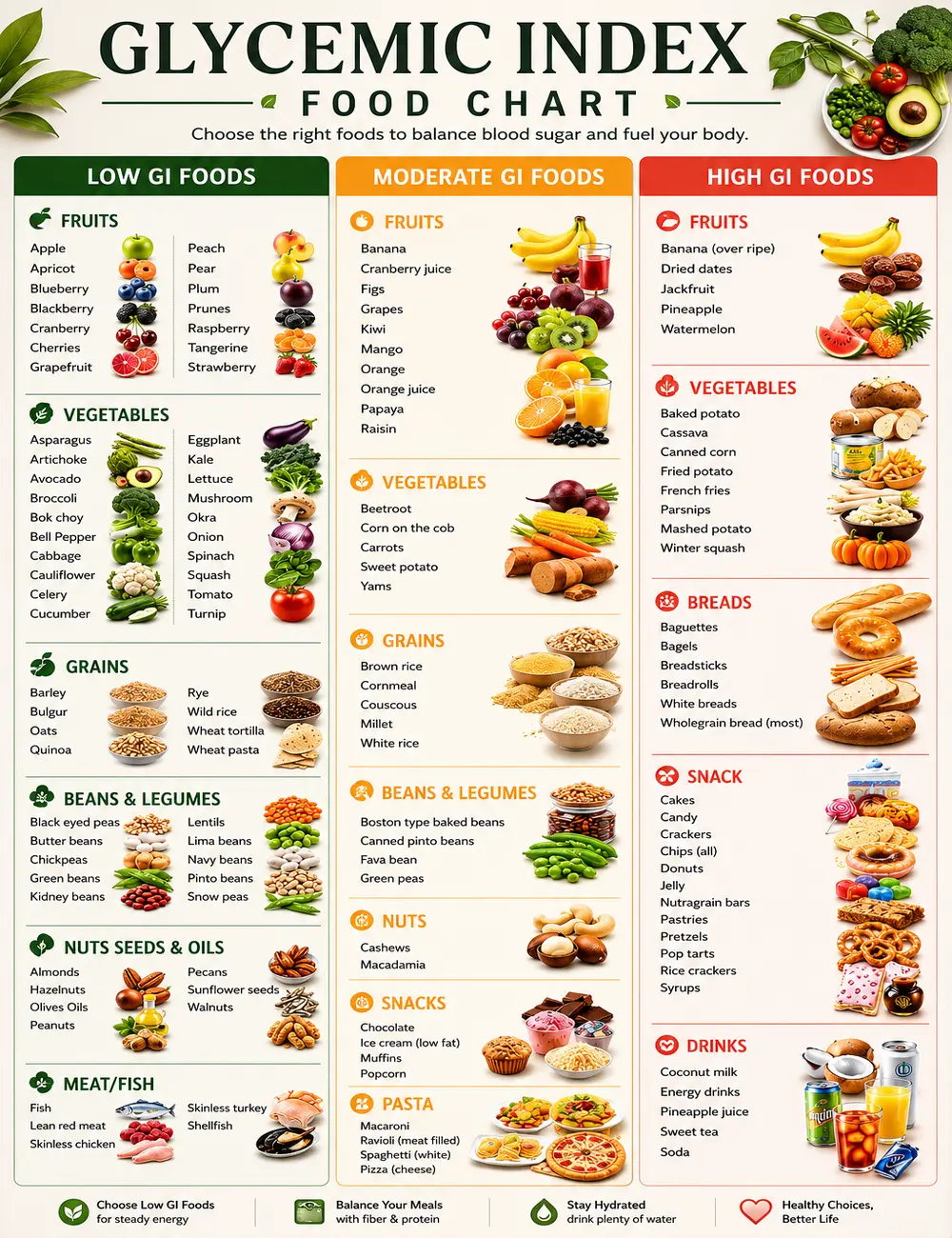Glycemic Index Food Chart Poster Low GI Moderate GI High GI Foods Guide Blood Sugar Nutrition Education Diabetes Diet Wall Art Healthy Eating Food List Printable Classroom Clinic Office Kitchen Home Decor Educational Infographic Gift