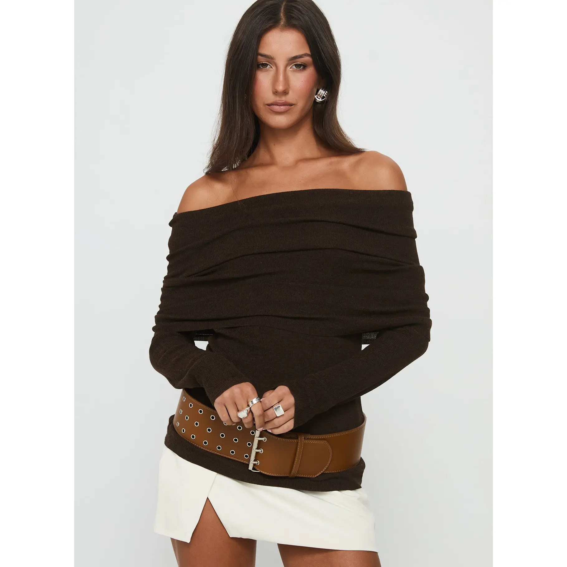 Florrie Off Shoulder Foldover Long Sleeve Top Chocolate